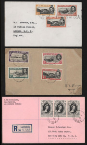 POSTAL HISTORY: 1949 - 1987 range of covers on annotated pages. Noted August 1949 cover to London bearing SG.39ac, 40d & 41b (perf.14 re-issues) tied by PAQUEBOT datestamp; a Jan.1953 3d cover from the Bishop of St.Helena to England; 1953 3d Coronation st