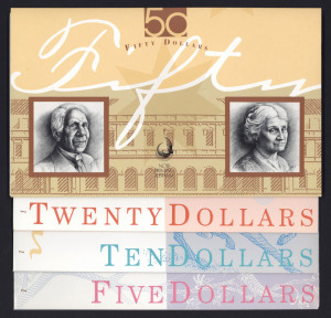 Banknotes - Australia: Decimal Banknotes: 1995 $5, $10 & $20 set of matched low number banknotes all serial numbered 'AA 95000246' in red, each note within individual NPA folders, Cat $345; also $50 Portfolio NPA folder containing first polymer print run serial no 'AA 95002601' printed in blue and in black, and a last paper print run serial no 'FAB 997603' printed in black. (4 items)