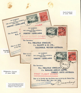 AUSTRALIA: Aerophilately & Flight Covers: 2 June1929 (AAMC.136-137a) WA Philatelic Syndicate group of covers carried on the first flight of WA Airways Ltd Adelaide - Perth & Perth - Adelaide route; comprising one each way, plus nine intermediates to or from Kalgoorlie, Forrest & Ceduna; ALL SIGNED by pilot Major Norman Brearley; also a cover carried on the first through flight a week later addressed to "Master Nelson Eustis" and all mounted on his exhibit pages, fine condition. Hard to assemble.