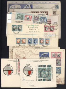 SOUTH AFRICA: 1936-53 pre-decimal group of mostly illustrated FDCs including 1933 Voortrekker, 1938 Voortrekker (SG.76-81), 1937 Coronation and 1939 Huguenot Landing all with bilingual pairs; also 1936 JIPEX M/Ss with Exhibition last day cancels, plus few