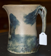 MERRIC BOYD pottery jug with applied wind-swept branch handle and hand-painted rural scene, incised "Merric Boyd, 1928", 16.5cm high, 16.5cm wide - 4
