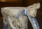 MERRIC BOYD pottery jug with hand-painted rural scene and two applied koalas perched on the branch handle, incised "Merric Boyd, 1941", 14cm high, 15cm wide - 9