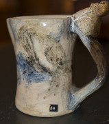 MERRIC BOYD pottery jug with hand-painted rural scene and two applied koalas perched on the branch handle, incised "Merric Boyd, 1941", 14cm high, 15cm wide - 11