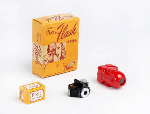 WHITTAKER (U.S.A.): Pixie, c1950, sub-miniature black camera group: comprising 3 cameras (one with flash, one with leather case & one in plastic presentation case), a Pixie wrist strap in original box, a Pixie viewer in original box, several sets of instr