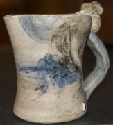 MERRIC BOYD pottery jug with hand-painted rural scene and two applied koalas perched on the branch handle, incised "Merric Boyd, 1941", 14cm high, 15cm wide - 12