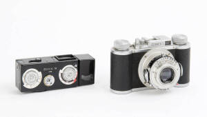 WIRGIN (Germany): Edixa 16 MB, 1967 [#3433] subminiature camera for 12x17mm exposures on 16mm film in cartridges; with coupled meter, Xenar f2.8 25mm lens, instruction manual and black-leather carry case with chain. Also, an Edinex I, c1951, with Edinar f