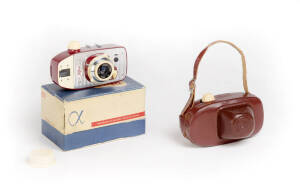 WZFO (Poland): Alfa-2, c1963 vertical format 35mm cameras (2), one in dark blue, the other red and both with Emitar f4.5 45mm lenses and maker's leather ERCs. Also, one original box.