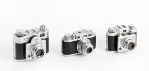 YAMATO (Japan): Pax(1) c1952 35mm camera [#10786] with Luminor f3.5 45mm lens and maker's green leather ERC. Also, a SAMOCA 35 and a SAMOCA 35-II, the latter in maker's leather ERC. (3 cameras).