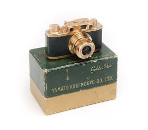 YAMATO (Japan): Pax Golden View camera [#33632], c1952-55, deluxe version of the Pax, with green leather covering and all metal parts gold-coloured. In original box with instructions.