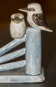 GRACE SECCOMBE pottery statue of two kookaburras on a fence, titled "To You The Open Sliprails And A waiting Friend", impressed stamp "Grace Seccombe", 10.5cm high, 13cm wide - 4