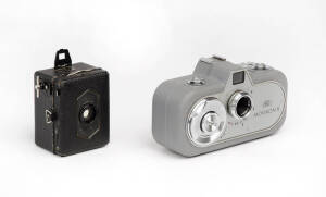 ZEISS IKON (Germany): Baby-Box, 1934-38 miniature box camera with "Baby-Box" under lens; also, a Movikon 8 horizontal 8mm movie camera with gery metal body [#28581] in maker's leather case. 