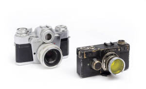 ZEISS IKON (Germany): Contarex "Bullseye" c1959-66, 35mm camera [#T89273]; early version without data strip slot at rear with chrome Tessar f2.8 50mm lens. Also, an early Contax 1 [#U.54797] with Sonnar f2 50mm lens. (2 cameras)