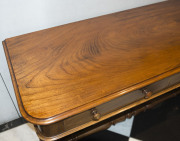 ANDREW LENEHAN Colonial Australian cedar hall table with two drawers and double turned stretcher base, Sydney, New South Wales, mid 19th century. Bearing original circular paper label "A. Lenehan's Cabinet and Upholstery Establishment, 179 Castlereagh Str - 4