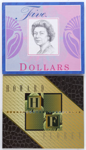 Banknotes - Australia: Decimal Banknotes: 1995 $5 Fraser-Cole portfolio containing two five dollar notes with matching Serial No 'EA 93500443' in green or in red, limited edition numbered #343 of 900 produced, Cat. $300; also $50 Florey 'Joint Issue' Portfolio with 'HF' prefix banknote with serial number in black, plus a block of 10 $2.50 Flory postage stamps, limited edition numbered #2448 of 3500 produced. (2 items)