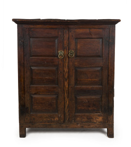 An antique English pine and oak two door cabinet with fielded panel doors and sides, peg joint construction, early 18th century, ​142cm high, 119cm wide, 53cm deep