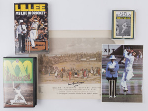 DENNIS LILLEE & DON BRADMAN: signature on large colour photo (19x27cm) of Lillee in his delivery stride and a signed hardback copy of his book "My Life in Cricket"; also DON BRADMAN: bold signature on 1957 reprint of the "Grand National Cricket Match" pri