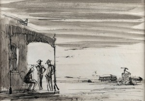 GEORGE RUSSELL (Russell) DRYSDALE (1912 - 81), Figures on an outback verandah, ink and watercolour on board, signed lower right, 20.5 x 29cm.