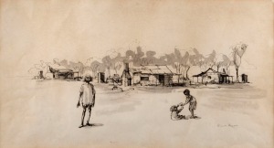 GEORGE RUSSELL (Russell) DRYSDALE (1912 - 81), Muri Camp, Condobolin, ink and watercolour on paper, signed lower right, 28 x 50cm. Also titled and signed by the artist verso; additionally bearing a small typed label "No.7 of a set of twenty drawings publ
