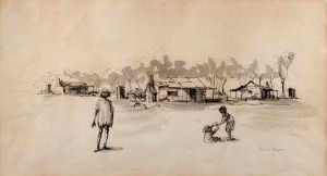 GEORGE RUSSELL (Russell) DRYSDALE (1912 - 81), Muri Camp, Condobolin, ink and watercolour on paper, signed lower right, 28 x 50cm. Also titled and signed by the artist verso; additionally bearing a small typed label "No.7 of a set of twenty drawings published by the Sunday Mirror for Dark Heritage. Sydney, March, 1961."