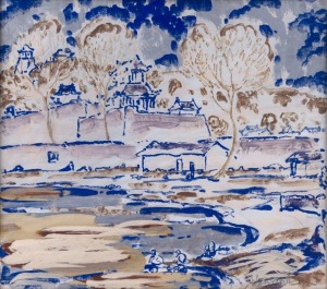 IAN FAIRWEATHER (1891 - 1974), Chinese Village Landscape, watercolour and gouache on paper, signed lower right, 38 x 41cm. Closely associated with "Hangchow Canal, 1945–47" watercolour, gouache and crayon on paper, signed lower left, 37 x 41 cm, sold by 