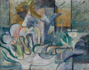 GODFREY CLIVE MILLER (1893 - 1964), Still life arrangement on table, oil and pencil on canvas on board, initialled 'GCM' lower right, 41 x 52cm.