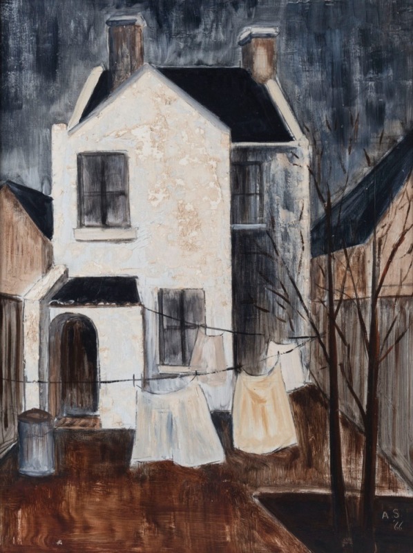 AUDREY SHARP East Melbourne backyard, acrylic on board, initialled 'A.S.' and dated '66 lower right, titled verso, 60 x 44cm.