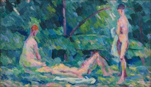JOHN RICHARD PASSMORE (1904 - 84) Bathers, oil on board, circa 1940s, 26.5 x 42cm With Macquarie Galleries label verso "certifying that this painting is an original work by John Passmore, painted in England during the 1940s, from the collection of Mr. Reginald Jenkins, at whose country house Passmore frequently stayed."