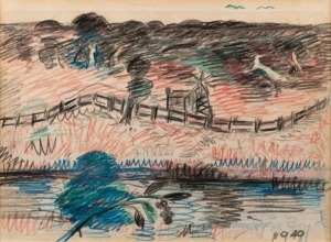 WILLIAM MERRIC (MERRIC) BOYD (1888 - 1959), Untitled (farm by a stream), pencil and crayon on paper, signed and dated 1949 lower right, 18 x 24.5cm.