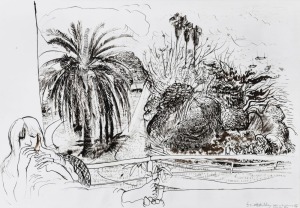 BRETT WHITELEY (1939 - 92), Arkie on the balcony, Lavender Bay, Oct.'78, ink and watercolour on paper, signed, titled and dated lower right, 52 x 75cm. Will be an addendum entry for the Whiteley catalogue supplement. The number 187a.78 has been allocated 