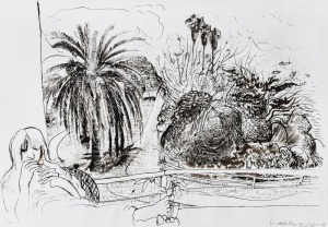 BRETT WHITELEY (1939 - 92), Arkie on the balcony, Lavender Bay, Oct.'78, ink and watercolour on paper, signed, titled and dated lower right, 52 x 75cm. Will be an addendum entry for the Whiteley catalogue supplement. The number 187a.78 has been allocated by the editor, Kathie Sutherland.