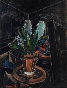 LeROY LEVESON LAURENT (Roy) De MAISTRE (1894 -1968) Hyacinths, oil on board, signed lower left, 79 x 60.5cm. de Maistre returned to this still life composition, creating an almost identical but slightly smaller version on canvas. This example bears his original Eccleston Street, London label verso.