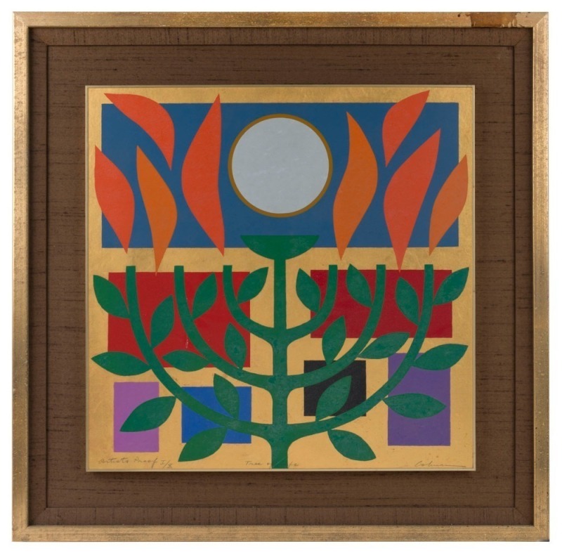 JOHN COBURN (1925 - 2006) Tree of Life, Colour screenprint with gold leaf on paper, inscribed "Artists Proof I/X", titled and signed under image, 55 x 55cm.