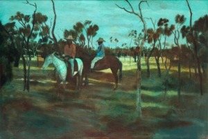 RAY AUSTIN CROOKE (1922 - 2015) Horsemen at waterhole, North Queensland, oil on board, signed lower left, 61 x 92cm.