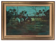 RAY AUSTIN CROOKE (1922 - 2015) Horsemen at waterhole, North Queensland, oil on board, signed lower left, 61 x 92cm. - 2