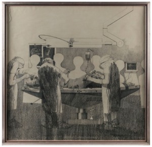 CHARLES BILLICH (b.1934), Surgery, charcoal on paper, signed and dated '72, at right, 71 x 71cm.