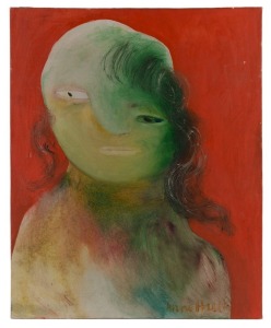 ANNE MARIE HALL (b.1945). Portrait with green hair, oil on canvas, signed and dated '67 lower right, 76 x 61cm.