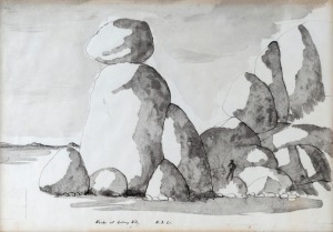 GEORGE RUSSELL (Russell) DRYSDALE (1912 - 81), Rocks at Gallery Hill, ink and watercolour, titled, initialled "R.D." and dated '61 in lower margin, 34 x 48cm. With original Tasmanian Art Society Exhibition label verso.