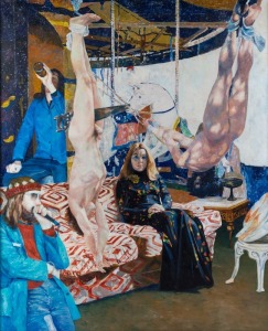 JOHN D. LENNOX (1941 - 96), The Merry-Go-Round, oil on canvas, signed and titled verso, 136 x 110cm. Provenance: Acquired directly from the artist. Closely associated with another painting by Lennox titled "The Servitors"