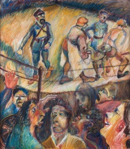 JAMIE BOYD (b.1948), Figures in the boxing ring with spectators, pastel on Canson & Montgolfier art paper, signed lower right, 103 x 91cm. ​ Titled and with Boyd's London address verso.