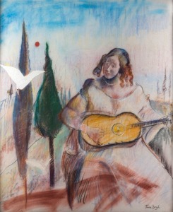 JAMIE BOYD (B.1948) Girl playing guitar, mixed media and collage on canvas, signed lower right, 152 X 122cm.
