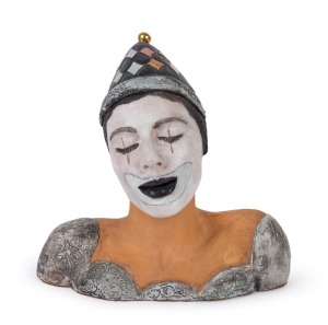 SANDY CALDOW (b.1961), Sad Clown, terracotta with glaze, paint and gilt highlights, signed and dated 1990 (behind right shoulder), height 34cm.