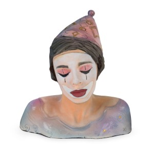 SANDY CALDOW (b.1961), Sad female Clown, terracotta with glaze, paint and gilt highlights, signed and dated 2004 (behind right shoulder), height 39cm.