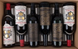 1965 Rhine Castle Claret (Hermitage) South Australia (1 bottle), 1968 (1 bottle) and 1970 (7 bottles), plus 1969 Wolf Blass Cabernet Shiraz, Langhorne Creek, South Australia (3 bottles). A South Australian dozen. (12).