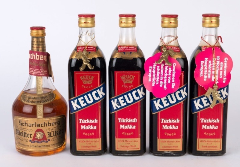 KEUCK Turkish Mocca Liqueur, 700mL, Germany, NV, (4 bottles); also, Scharlachberg Meister Likor, 350mL. (1 bottle). Total: 5 bottles.