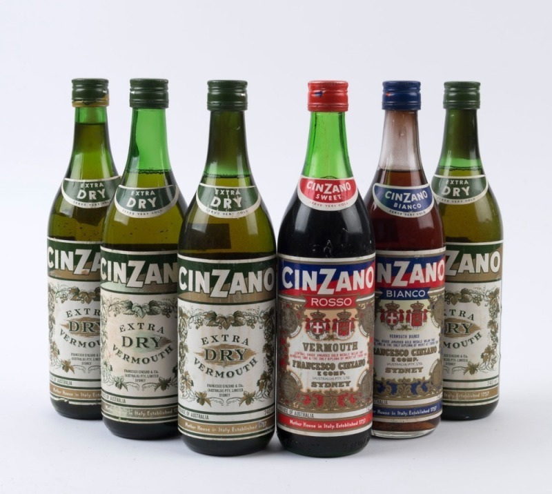 CINZANO: Vermouth Rosso (1 bottle); Vermouth Bianco (1 bottle); Extra Dry Vermouth (4 bottles); all 750ml, 1960s-70s bottlings. Total: 6 bottles.