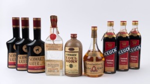 GERMAN LIQUEURS: Schwarzer Kater Blackberry liqueur, 700ml, (3 bottles); Keuck Turkish Mocca, 700ml, (3 bottles); Kirschwasser Black Forest Cherry Brandy, 700ml (1 bottle); Scharlachberg Meister Likor, 700ml, (1 bottle) and Schwarze Edel-korn stone bottle, 700ml, (1 bottle). Mostly 1970s-80s bottlings. Total: 9 bottles).