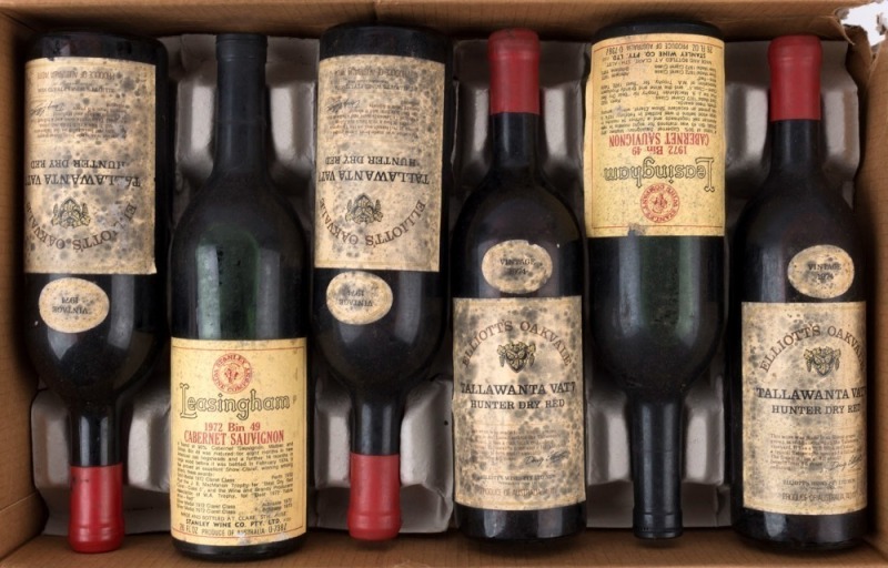 1974 Elliott's Oakvale Tallawanta Vat 7 Shiraz, Hunter Valley, New South Wales (4 bottles) and 1972 Leasingham Cabernet Sauvignon Bin 49, Clare Valley, South Australia (2 bottles). Total: 6 bottles. 