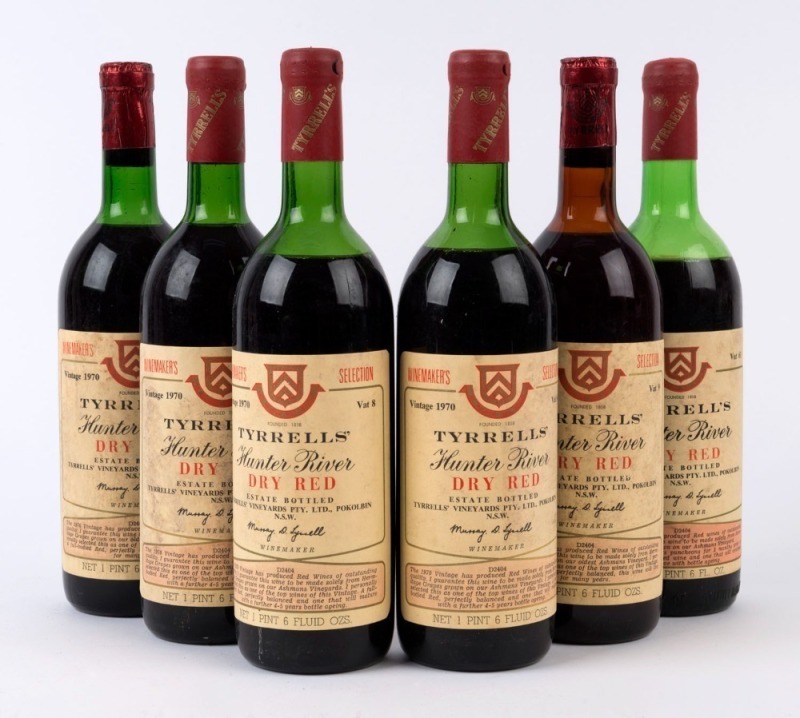 1970 Tyrrell's Dry Reds: Vat 8 (3 bottles), Vat 9 (2 bottles) and Vat 61 (1 bottle), Hunter Valley, New South Wales, (Total: 6 bottles).