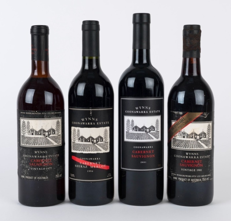 WYNNS COONAWARRA ESTATE: 1977 Cabernet Sauvignon, 1981 Cabernet Sauvignon, 1994 Cabernet Shiraz Merlot & 2001 Cabernet Sauvignon (1 bottle of each), South Australia. Total: 4 bottles.