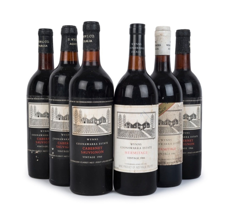 1966 WYNNS Coonawarra Estate Cabernet Sauvignon (4 bottles); 1981 Wynns Coonawarra Estate Hermitage (Shiraz) (1 bottle) and 1984 (1 bottle), Coonawarra, South Australia, (Total: 6 bottles).